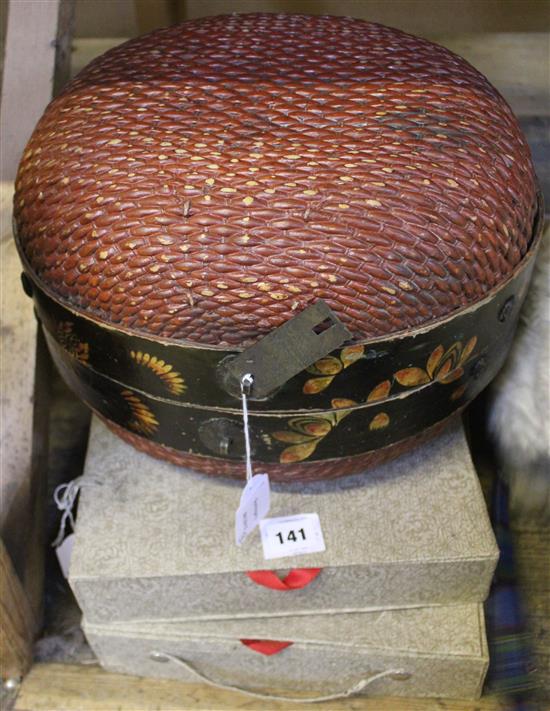 Chinese red lacquered wicker rice container together with its woven wicker and decorated outer container + 2 Chinese puppets